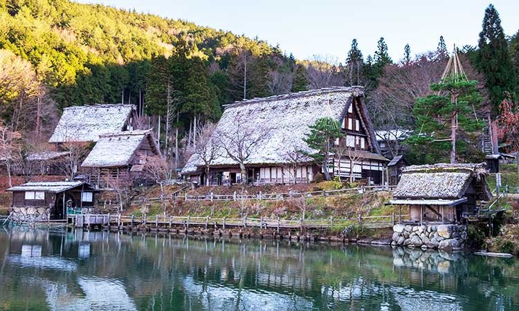 Hida No Sato open air museum Takayama Japan, classic Japanese wooden huts by lake