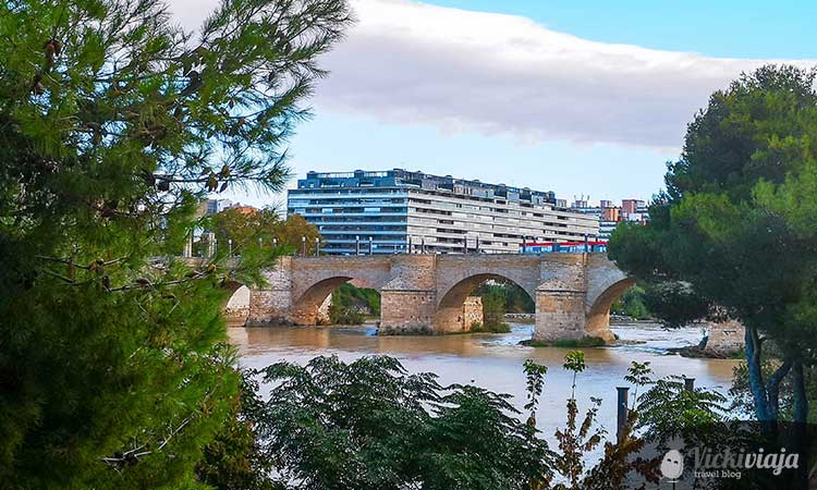 puente de piedra in zaragoza from afar, stone bridge photographed through bushes