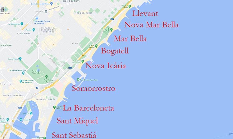 Die Barcelona Strandabschnitte auf Karte