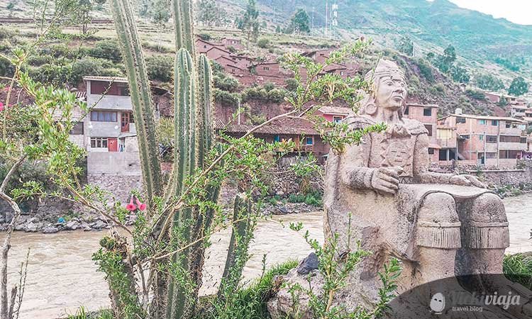 view on Pisac town, inca statue