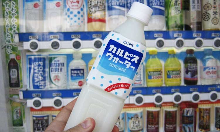 Calpis, japanisches Joghurtgetränk vor Getränkeautomaten