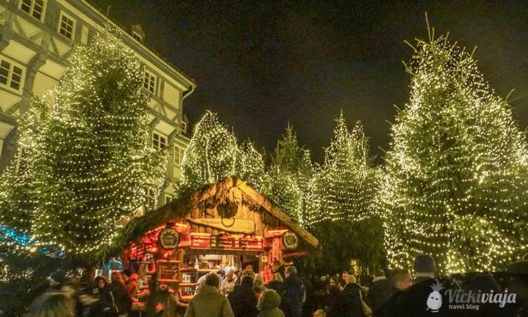 Christmas forest Goslar, illuminated fir trees and wooden hut