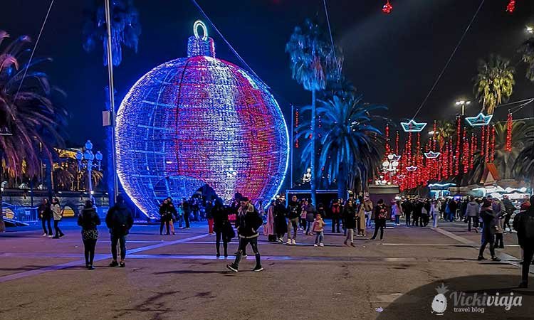 festive decoration, shining big christmas ball at barcelona christmas market at old port