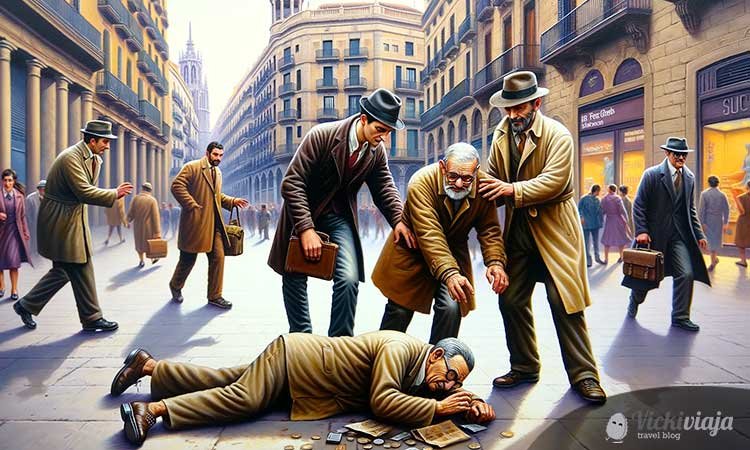 old man tourist trap, security, old man lying on the ground in barcelona while three men are bent over him
