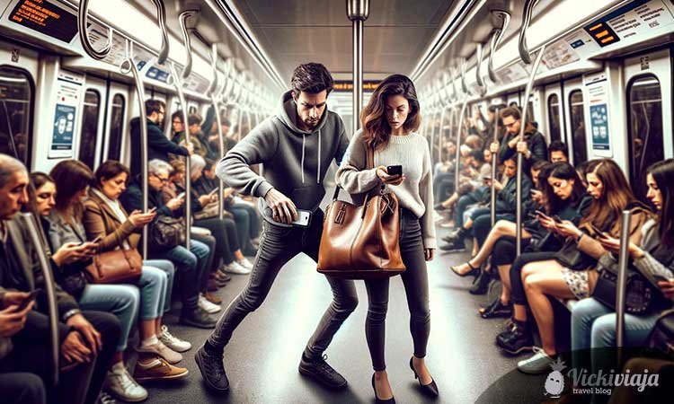 barcelona pickpocket in the metro, man takes cell phone from woman's bag unnoticed while she looks at her cell phone